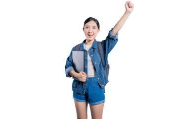 An excited young Asian student celebrates a victory or success with a raised fist while holding a laptop. on png 