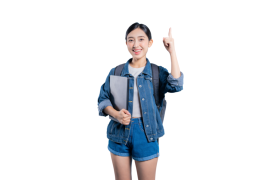 An intelligent young Asian student holding a laptop and pointing upwards, symbolizing a great idea or being number one on png 