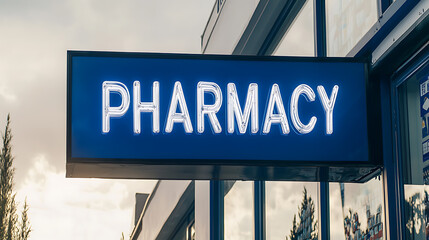 Illuminated Pharmacy Sign against sky. Signage indicates the location for health-related products and services.