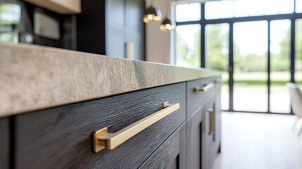 Obraz premium Modern kitchen cabinetry featuring dark wood grain doors and gold-toned hardware, paired with a light-colored countertop and bright, open background.