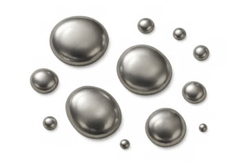 Metallic spheres of various sizes creating an abstract composition, ideal for projects related to chemistry, industry, or cosmetics