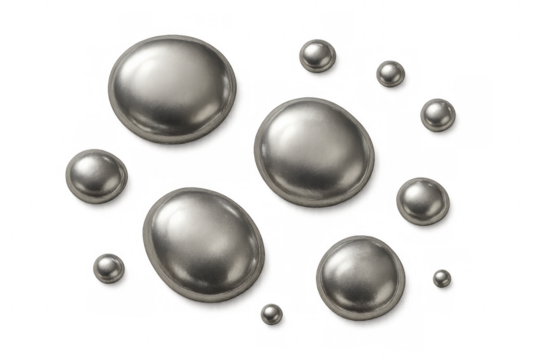 Metallic spheres of various sizes creating an abstract composition, ideal for projects related to chemistry, industry, or cosmetics