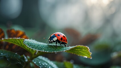 Ladybug Crawling on Dewy Leaf in Natural Garden Setting