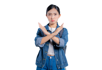 A young Asian student making a defensive stop gesture with her arms crossed, indicating refusal or prohibition.on png 