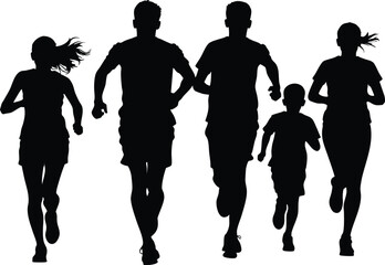 Family running together silhouette, front perspective vector