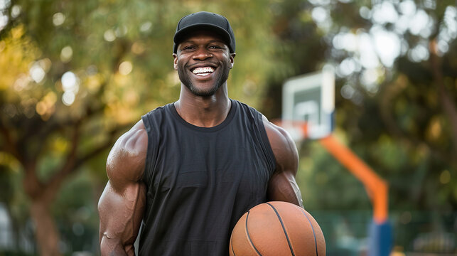 Smiling Athlete Holding Basketball Outdoors in Summer Park - Powered by Adobe