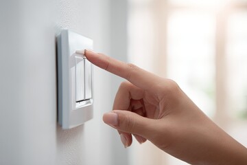 A hand turns on a light switch