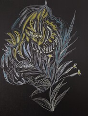 Drawing by hand with pens on black paper. Flowers and foliage