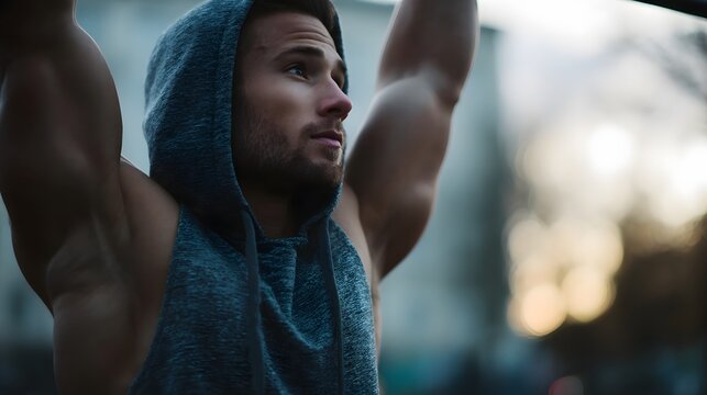 Athlete performing pull ups on a bar in an outdoor street gym