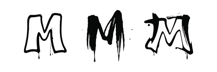 Three distinct graffiti style letters M in black on a white background with dripping effects representing urban art and creative expression vector illustration
