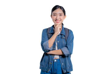 Asian student with her hand on her chin, looking at the camera with a curious and intelligent expression on png 