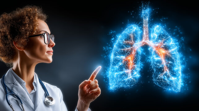 A female doctor wearing a white coat and stethoscope, pointing at a glowing holographic digital lung with blue neural network light patterns