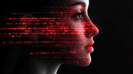 Futuristic technology portrait with binary code and digital face overlay showcasing advanced