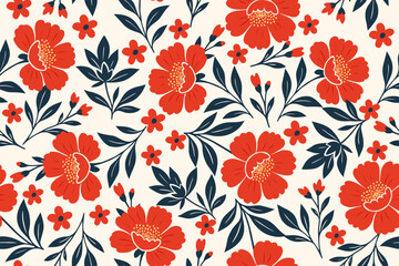 Seamless floral pattern with bold red flowers, navy blue leaves, and cream background. Elegant botanical design, perfect for textiles and wallpapers.