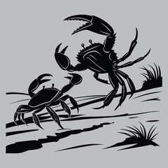 Crabs Fighting on Beach silhouette vector design art and illustration