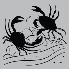 Crabs Fighting on Beach silhouette vector design art and illustration