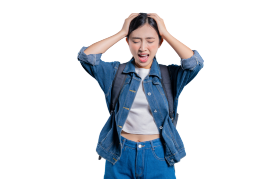 A young Asian student covers her ears and shouts, annoyed by a loud noise or trying to ignore something unpleasant on png 