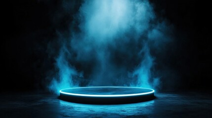 Elevated podium with glowing edges, surrounded by foggy light effects, styled for mystery