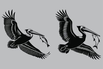 Pelican Catching Fish in Beak Silhouette vector design art and illustration