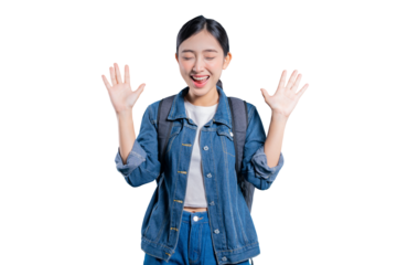 Asian student with a big smile and hands up, expressing excitement and happiness on png 
