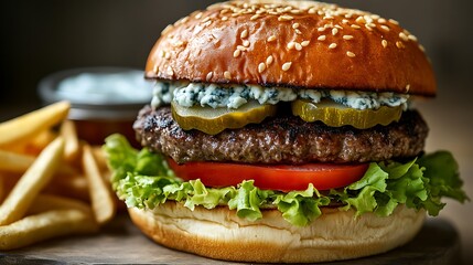 Juicy Beef Burger with Blue Cheese, Pickles, Tomato, and Lettuce Served with Fries