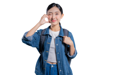 A playful and charming young Asian student winks at the camera with a cute smile, looking friendly and confident on png