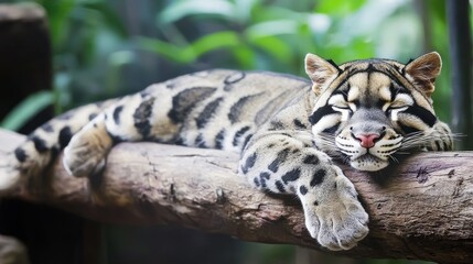Clouded Leopard Resting Peacefully On A Tree Branch In Lush Green Forest. Captures Tranquility And Natural Beauty