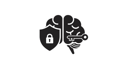 Illustration of a brain with a shield padlock and key for security