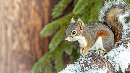 Obraz premium Squirrel On Snow-Covered Branch In Winter Forest. Wildlife In Natural Habitat
