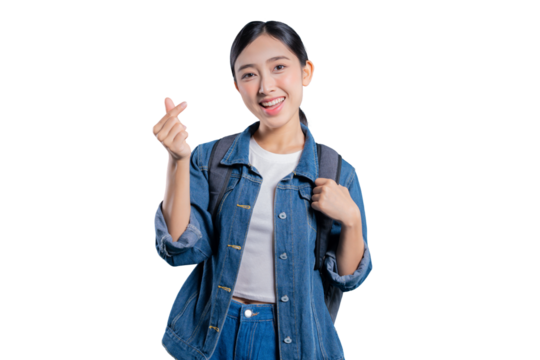 Asian student making a trendy Korean finger heart love gesture while smiling happily on a blue background on png