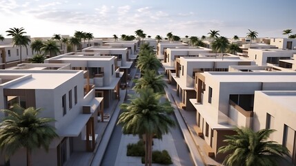 Multi-block residential cluster with shared rooftop amenities, on neutral sand gray background, clean zoning, balanced lighting .