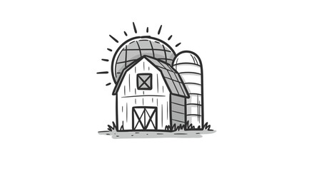Sketch of a barn and silo with a sun shining behind them in black and white © Hossam