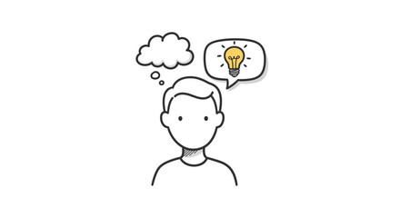 Person thinking with a lightbulb and cloud in thought bubbles drawing