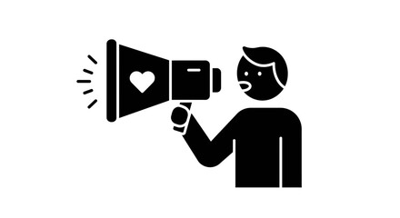 Person speaking into megaphone with heart symbol in black and white