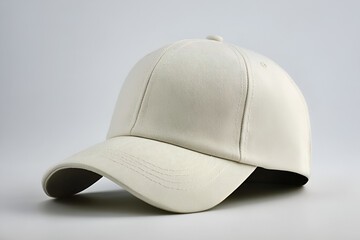 Fototapeta premium A beige baseball cap rests on a light gray surface, showcasing its simple design and curved brim.