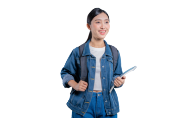 Asian student in a denim jacket holding a tablet and smiling while looking away, isolated on a png background.