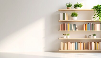 Fototapeta premium Wooden shelves filled with books and potted plants against a white wall.