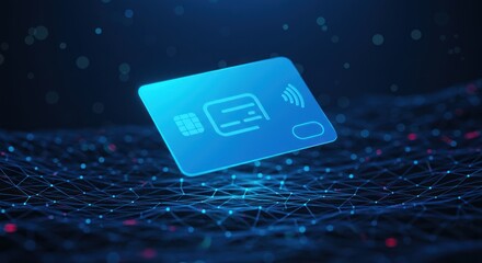 Digital Credit Card Icon Floating Over Network Data Grid in Futuristic Technology Scene