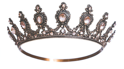 Ornate antique crown with intricate metalwork and large, round gemstones, displayed against a white background.
