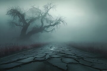 Foggy, cracked road leading to a gnarled tree