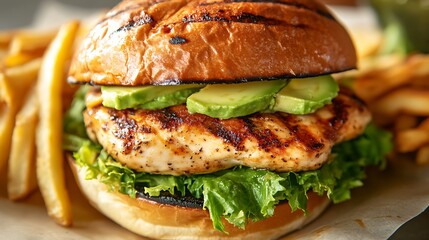 Grilled Chicken Burger with Avocado and Lettuce Served with Fries