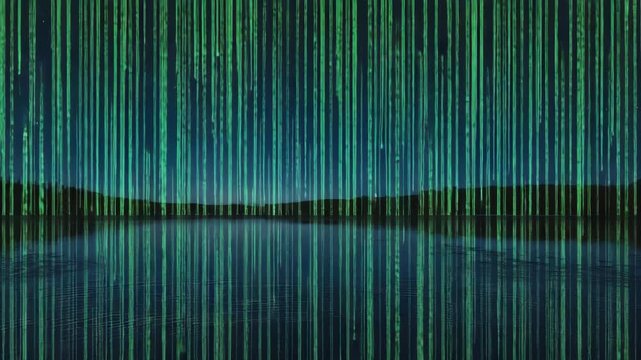 Binary Code Rain Falling Over Serene Lake 