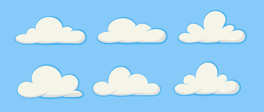 Cartoon Cloud Set on Blue Sky Background in Clean and Simple Flat Style.