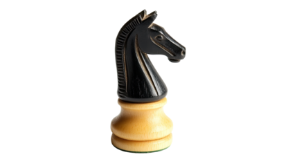 Black and white chess knight piece in classic horse head shape with smooth texture isolated on white background