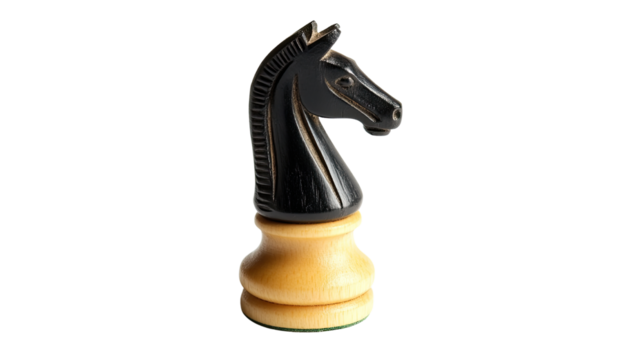 Black and white chess knight piece in classic horse head shape with smooth texture isolated on white background