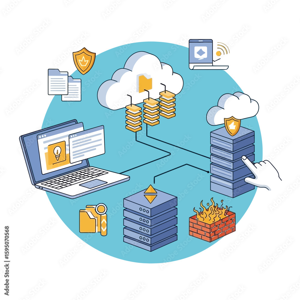 Poster modern line style data cloud computing server network system illustration
