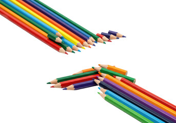 Fototapeta premium Numerous sharpened colored pencils in a vibrant wave pattern, perfectly arranged on a clean bright white background with ample copy space, illuminated by diffuse studio lighting, no shadows, a