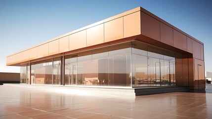 Rectilinear retail building with full glass front fa? section ade, placed on muted clay background, elegant angles and real shadows .