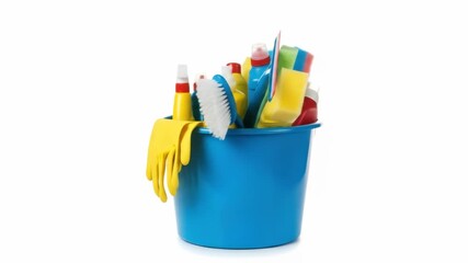 A blue bucket brimming with cleaning supplies, including spray bottles, a scrub brush, sponges, a squeegee, and a pair of yellow gloves, against a white backdrop