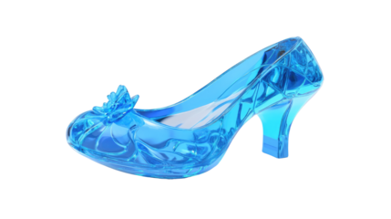 Shiny transparent blue glass slipper fantasy style decorative high heel shoe isolated on white background